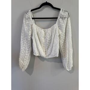 Heatherly White Off-Shoulder Sheer Floral Blouse Size S Long Sleeve Button-Front